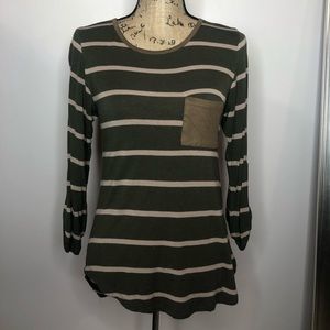 Green and Tan Striped Long Sleeve Top
